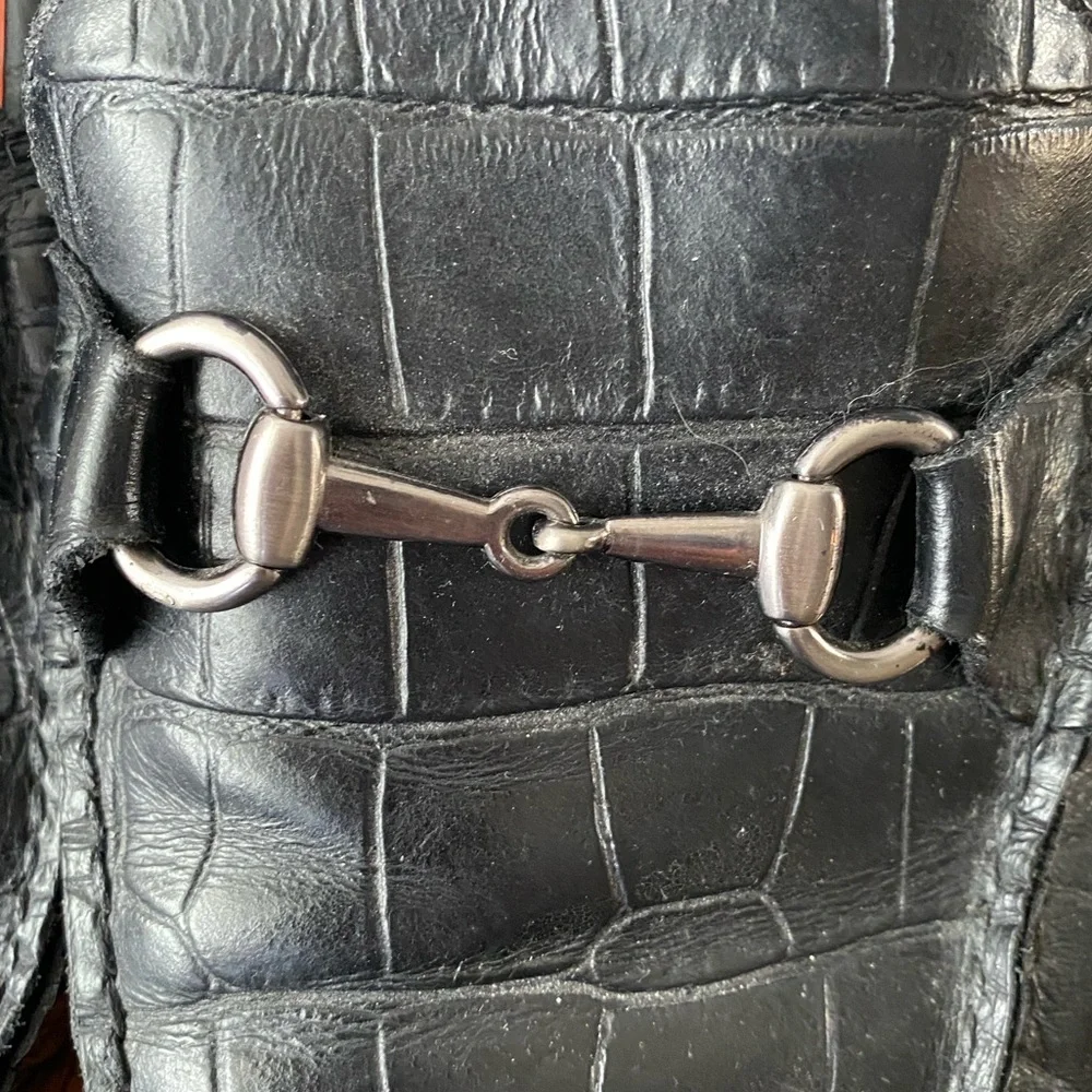 Peter Millar Black Croc Embossed Leather Horse Bit Driving Loafers SZ 12M